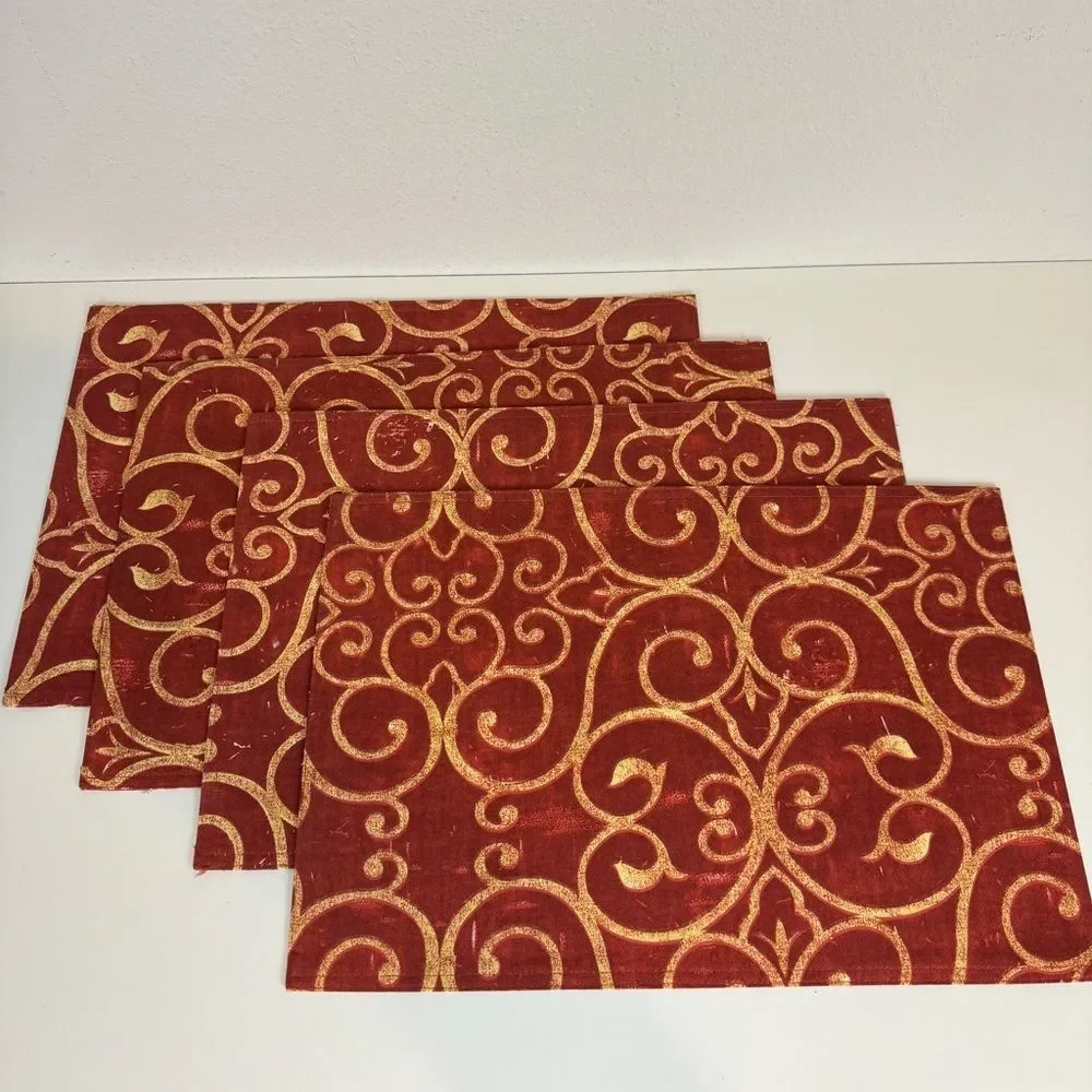 4 Red Yellow Scroll Pattern Fabric Placemats
